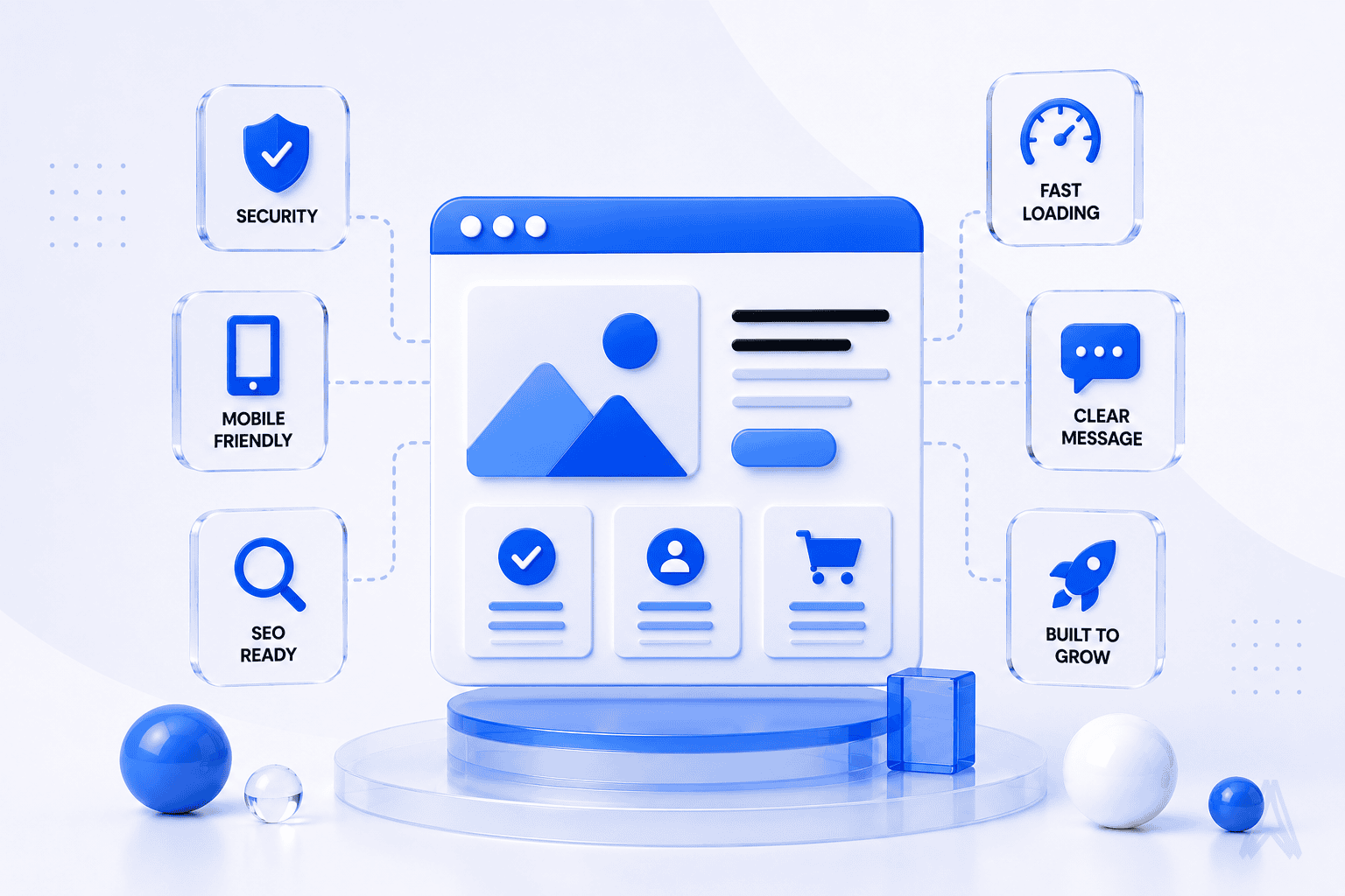 Small business website essentials including clear content, responsive design, SEO, trust and contact options